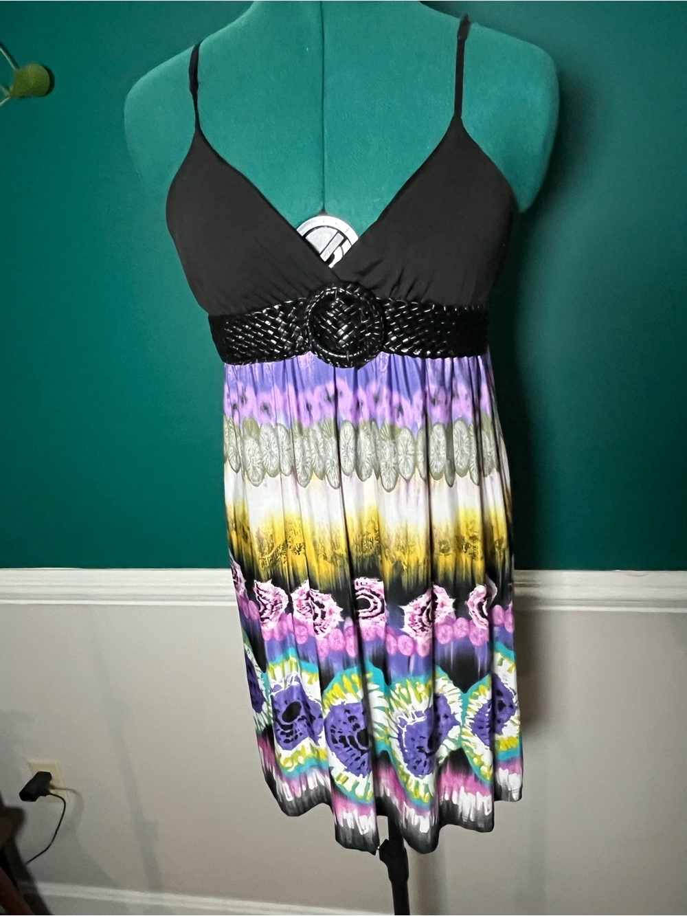 Y2K Boho Black & Purple Tie-Dye Spaghetti Strap Dress